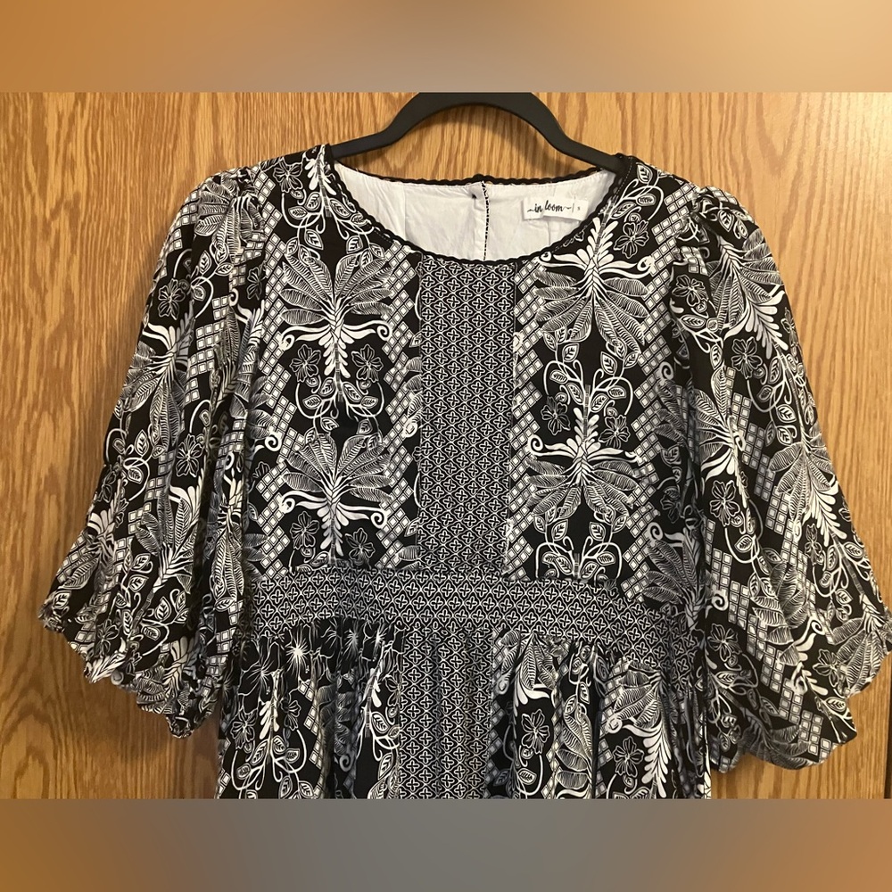 In Bloom Boho Style Black and White short dress/tunic contrasting pattern tie - Picture 2 of 8